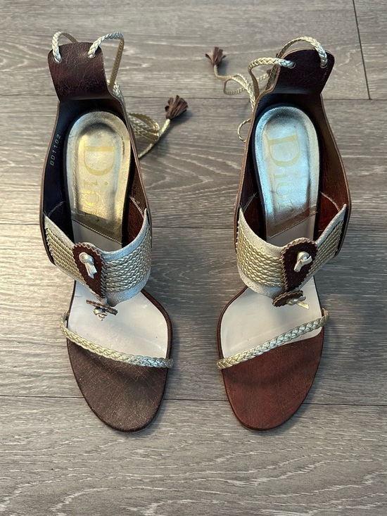 Dior Brown Leather Sandals with Gold Braided Trim
